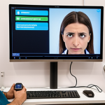 **Telemedicine in Italy:** A modern, well-lit Italian teleconsultation center. A doctor is virtually examining a patient via a large screen, showing vital signs and computer vision analysis of the patient's facial expression. IoT devices (smartwatch, sensor patches) are visible on the patient. The scene evokes a sense of advanced care and accessibility in a comfortable, Italian-designed interior.