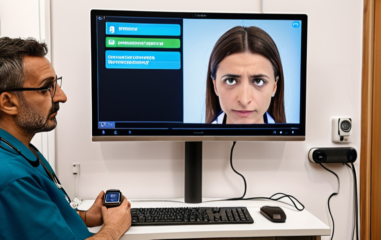 **Telemedicine in Italy:** A modern, well-lit Italian teleconsultation center. A doctor is virtually examining a patient via a large screen, showing vital signs and computer vision analysis of the patient's facial expression. IoT devices (smartwatch, sensor patches) are visible on the patient. The scene evokes a sense of advanced care and accessibility in a comfortable, Italian-designed interior.