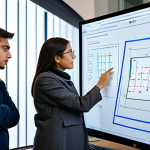 Home 10 A diverse group of four individuals, two men and two women, all fully clothed in modest professional attire, collaboratively engaged in a computer vision project. They are gathered around a central monitor displaying Python code, abstract data matrices representing images, and various computer vision algorithms. A whiteboard in the background shows diagrams and equations. They are discussing, pointing at concepts, and actively learning in a brightly lit, modern tech workspace. Professional photography, high detail, sharp focus, natural light. safe for work, appropriate content, fully clothed, professional, perfect anatomy, correct proportions, natural pose, well-formed hands, proper finger count, natural body proportions.