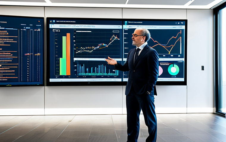 A professional Italian AI consultant in a modest business suit, standing in a brightly lit, modern office meeting room. Large display screens in the background show intricate data visualizations and model performance metrics, symbolizing strategic decision-making for AI deployment in the Italian market. The consultant is engaged in a thoughtful, natural pose, embodying focus and expertise. This image should have perfect anatomy, correct proportions, well-formed hands, and proper finger count. It is safe for work, appropriate content, fully clothed, and professional.